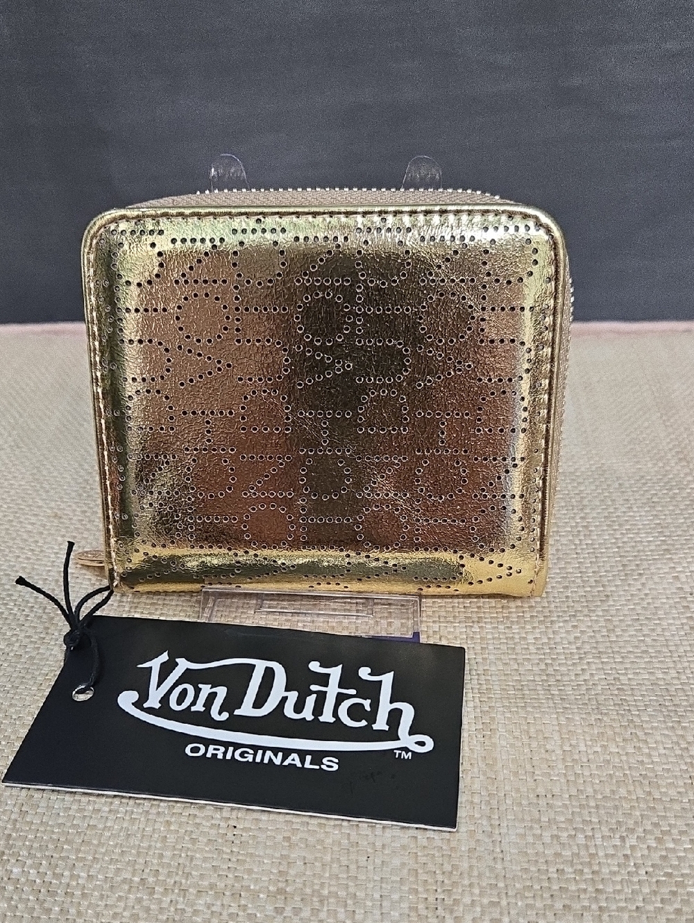 Von Dutch Shiny Gold Perforated Zip-Around Wallet